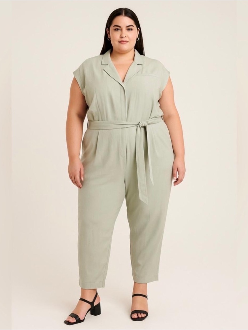 ELOQUII -  Linen Light Green Midi Jumpsuit with V-Neck
